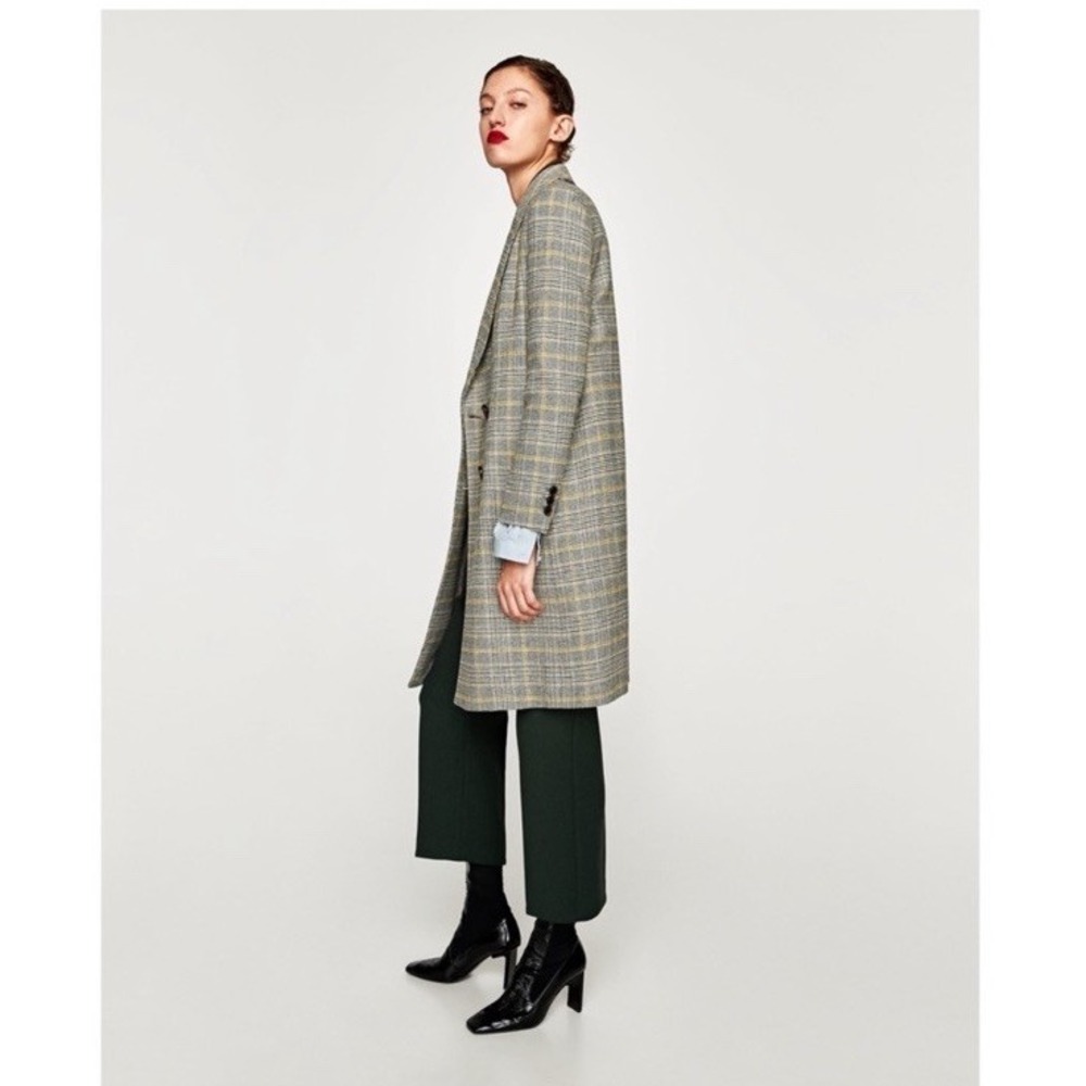 Zara Yellow grey check Checked Double Breasted Mid Length coat Size M - Picture 14 of 16